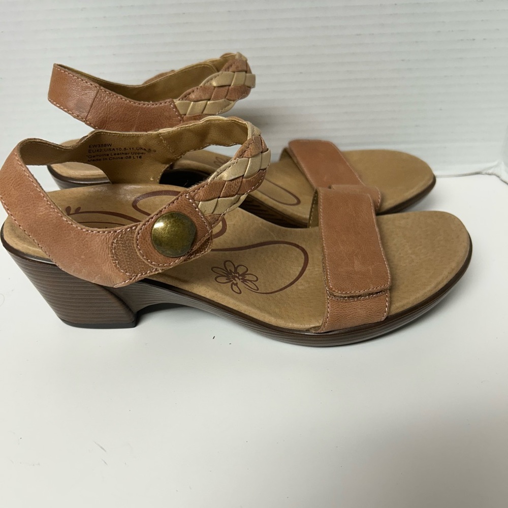 Aetrex Jillian Braided Leather Wedge Sandals Cognac Size 10.5 Lagenlook Earthy